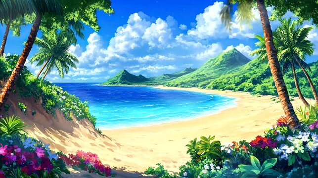A vibrant tropical beach scene with crystal-clear waters, lush mountains, palm trees, and colorful flowers. Seamless looping video background