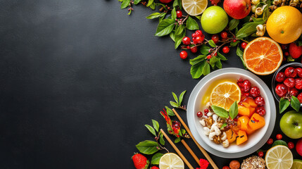 Fresh fruits and nuts arranged beautifully on dark background, featuring oranges, apples, and berries, creating vibrant and healthy display