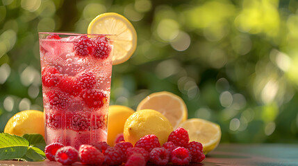 Iced raspberry lemonade in a frosty glass with fresh raspberries and a slice of lemon on a garden table