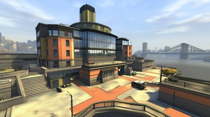 Modern building by a river with a bridge in the background.