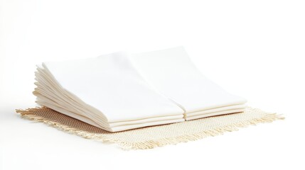 Stack of Crisp White Linen Napkins on Rustic Burlap Placemat Elegant Table Setting