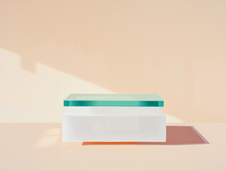 minimalist product display with white cuboid teal slab