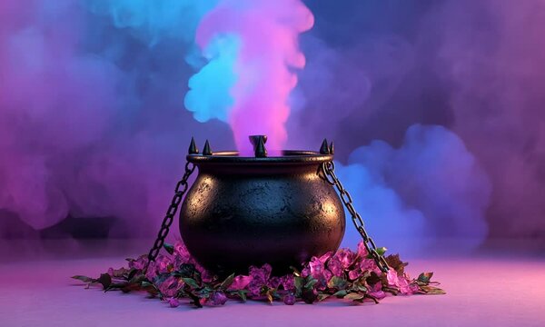 A mystical black cauldron emits pink smoke, surrounded by leaves, creating an enchanting atmosphere.