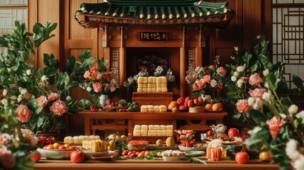 Festive altar adorned with colorful foods and flowers, celebrating tradition and abundance.