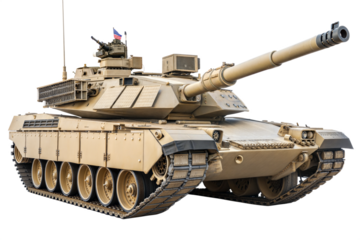 Modern Military Tank with Large Cannon - Isolated view of a modern tan-colored military tank featuring heavy armor, large cannon, and tracked wheels on a transparent background.
