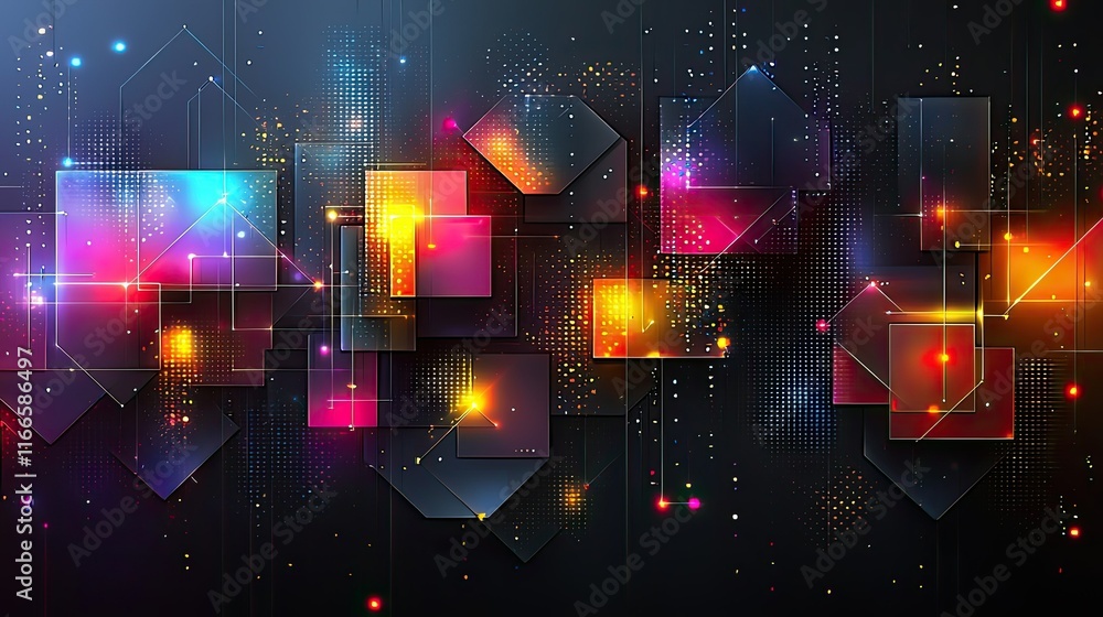 Poster abstract digital design featuring colorful geometric shapes and glowing elements.