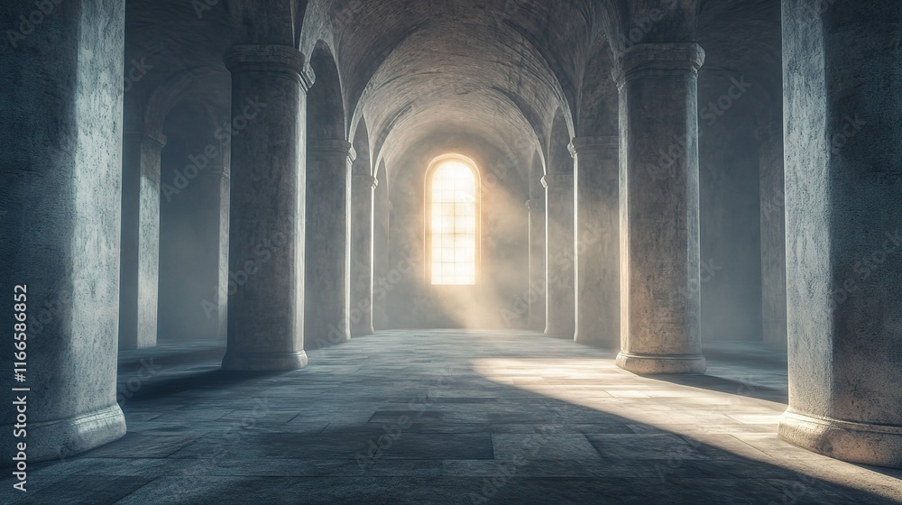 Aufkleber huge empty hall with columns and soft light streaming through window