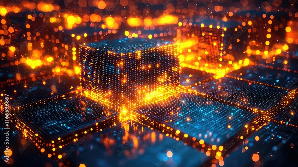 Poster abstract digital landscape featuring glowing data blocks and circuits.