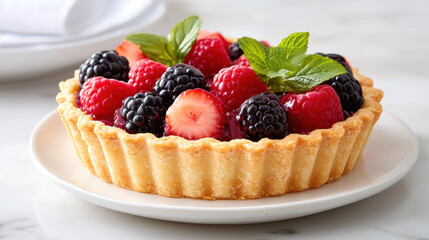 close up of gluten free berry tart featuring vibrant raspberries, blackberries, and strawberries, garnished with fresh mint leaves, perfect for dessert lovers