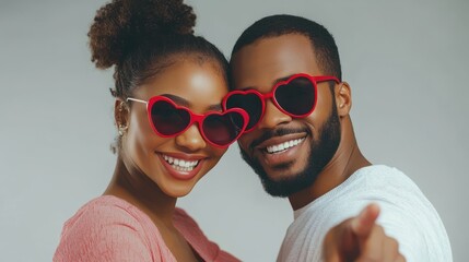 love, relationships and valentines day concept - happy smiling african american couple in heart shaped sunglasses pointing finger to something over grey background