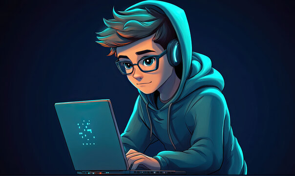 Portrait of a Successful Programmer, Game Developer, or Coder Working on a Laptop for Game Design. A Hacker in a Hoodie, Generative AI and Coding Professional