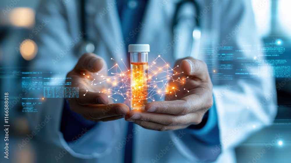 Poster researcher in lab coat holds glowing test tube, symbolizing scientific innovation and discovery. bac
