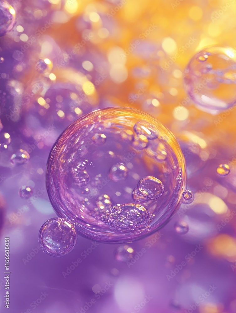 Poster purple and yellow soap bubbles in paint create an abstract design suitable for a colorful background