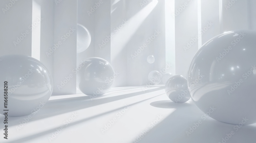 Poster white abstract bubbles round circles spheres background, white minimalistic abstract background with