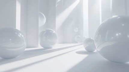 white abstract bubbles round circles spheres background, white minimalistic abstract background with white room and spheres with soft light and shadows. glossy white minimalistic background