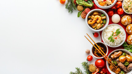 vibrant table set for Chinese New Year featuring various traditional dishes, including shrimp, rice, and festive decorations, creating joyful atmosphere