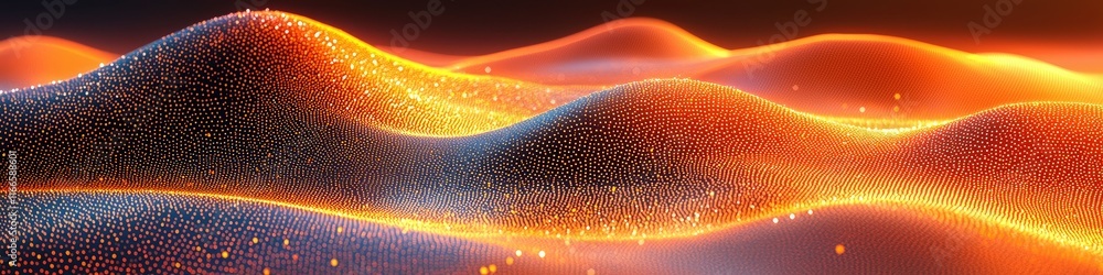 Poster abstract digital landscape with glowing waves and particles.