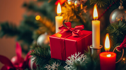 red gift box on a decorated christmas tree