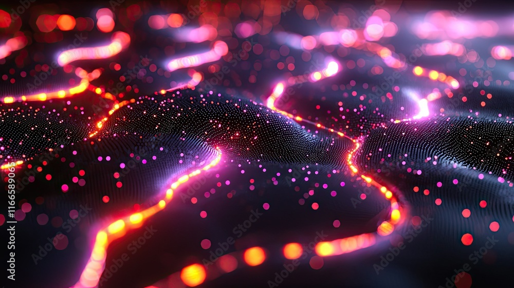 Poster abstract digital representation with glowing lines and particles on a dark background.