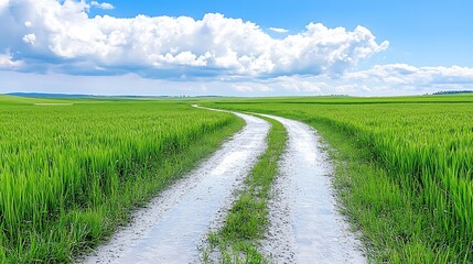 Serene Country Road Through Lush Green Field Under Blue Sky