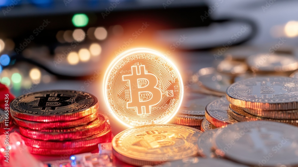Aufkleber glowing bitcoin cryptocurrency coin stack digital currency blockchain technology