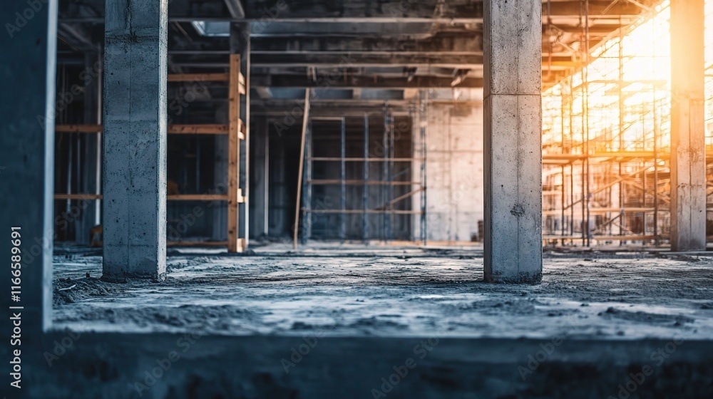 Poster construction site structure with concrete columns and scaffolding