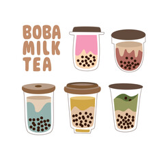 Series of boba milk tea. Set of bubble fresh milk. Bubble boba. Cold drinks. Fresh drinks.