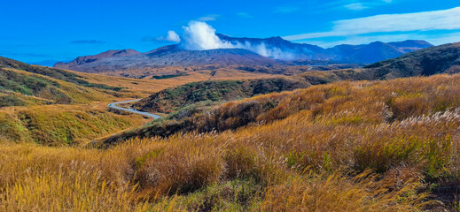 Mount Aso, or Aso Volcano, the largest active volcano in Japan stands in Aso Kuju National Park in Kumamoto Prefecture, Kyushu, Japan