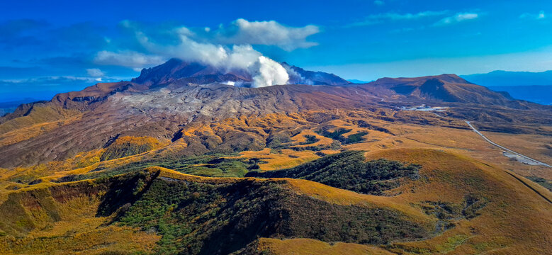 Mount Aso, or Aso Volcano, the largest active volcano in Japan stands in Aso Kuju National Park in Kumamoto Prefecture, Kyushu, Japan