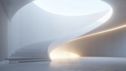 Modern minimalist curved staircase in bright white architectural space.