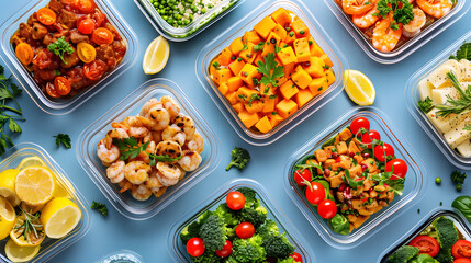 Many containers with delicious food on color background