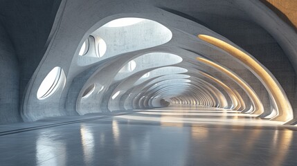 Futuristic concrete corridor with arched openings and soft lighting.