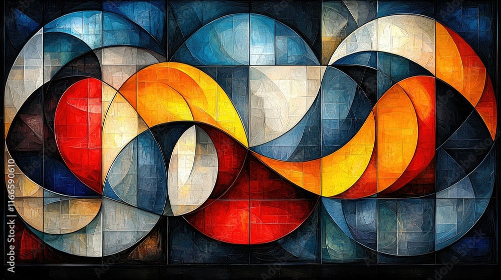 Poster abstract geometric composition with vibrant colors and interlocking shapes.