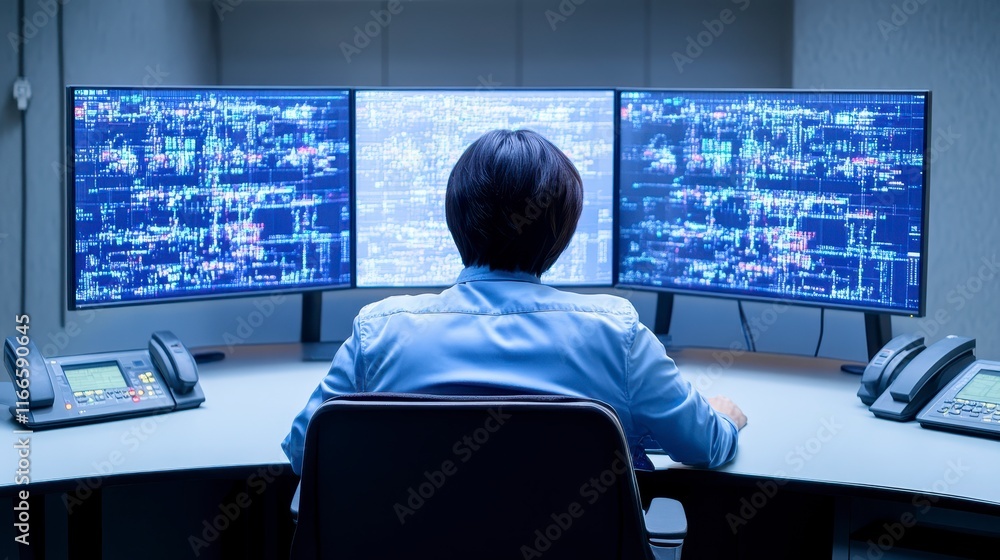 Poster person monitoring data streams on triple monitor setup cybersecurity analyst at work
