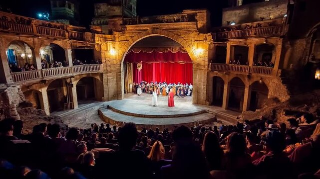 A captivating series of historic theater performances in open-air venues, featuring actors in traditional costumes and stunning architectural backdrops. The warm lighting and engaged audience