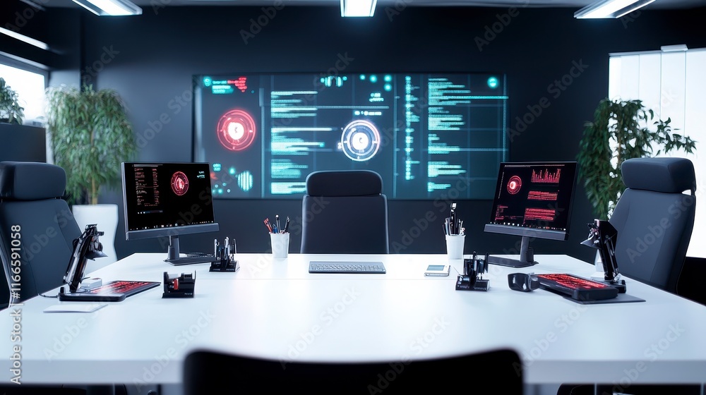 Poster modern tech office conference room with futuristic screen display and computers