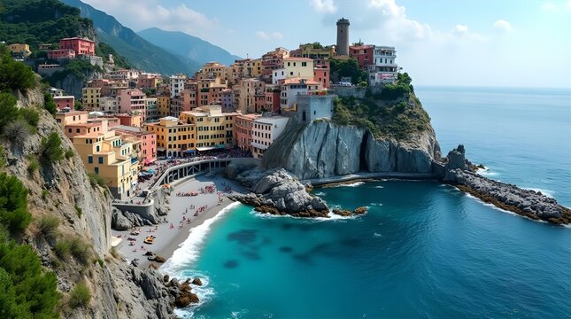Aerial View of Manarola, Cinque Terre, Italy: A Picturesque Coastal Village Nestled on a Cliffside with Turquoise Waters and Colorful Buildings Under a Sunny Sky - Powered by Adobe