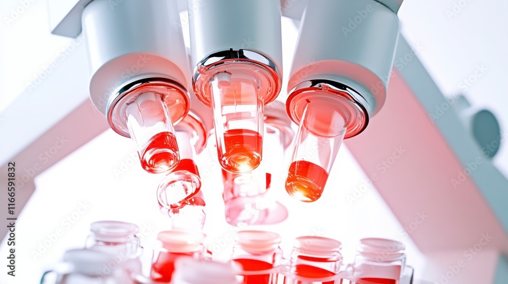 Poster automated liquid handling system dispensing red reagent into sample tubes in lab