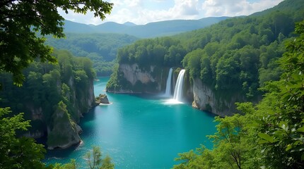 Fototapeta premium Serene Vista of a Majestic Waterfall Cascading into a Turquoise Lake Nestled within a Lush Green Mountain Valley, Viewed from an Overlooking Perspective on a Sunny Day