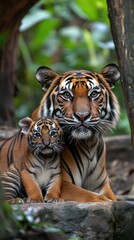 Fototapeta premium A mother tiger and her cub resting together in a lush green environment.