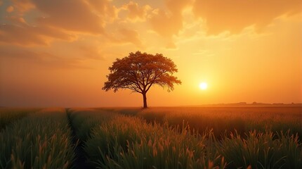 Solitary Tree in a Golden Rice Field at Sunset, Serene Landscape Painting, Warm Hues, Peaceful Atmosphere, Digital Art