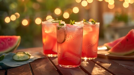 Watermelon cucumber punch drink on an outdoor table with cozy lightning