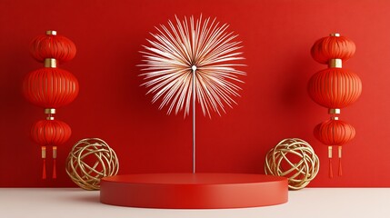 Chinese New Year Festive Still Life: Red Lanterns, Fireworks, and Golden Spheres