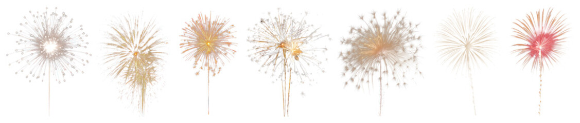 Fototapeta premium PNG Vibrant fireworks celebration display, isolated element set, transparent background