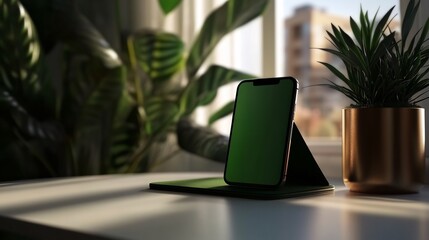 Fototapeta premium Smartphone Mockup on a Desk with Plants, Green and Gold Tones