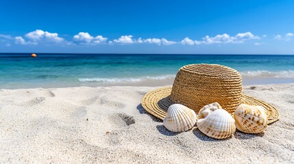 Obraz premium Summer Beach Vacation Seashells Straw Hat on Sandy Shore