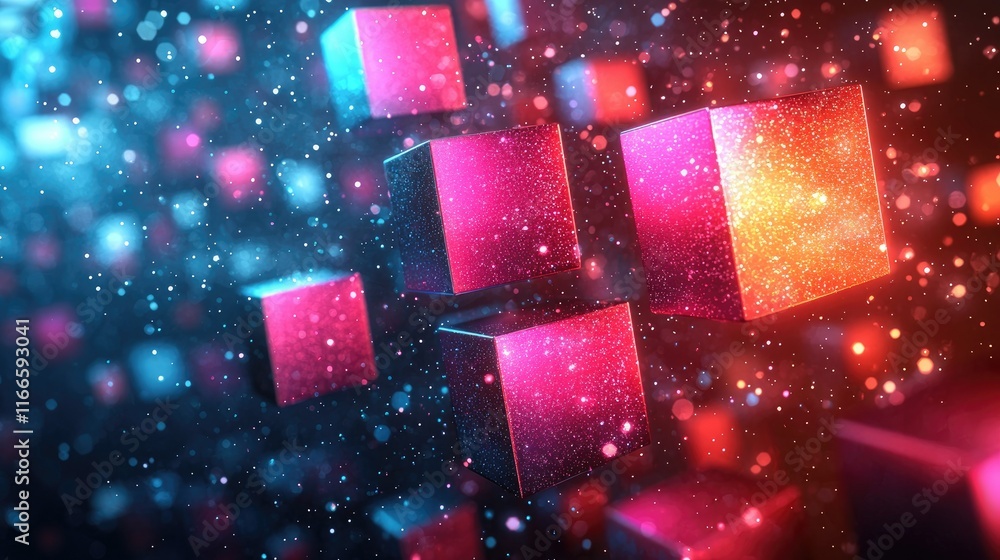 Poster abstract image of floating cubes with a vibrant, glowing background.