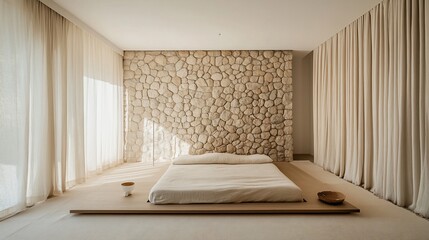 Fototapeta premium Serene Minimalist Bedroom with Stone Wall and Natural Light