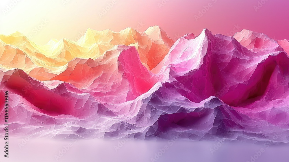 Poster abstract landscape with colorful, angular mountain shapes and a soft gradient background.