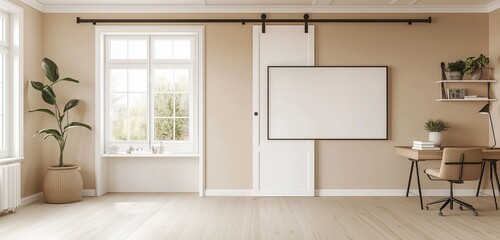 Minimal office with sliding doors, light floors, and blank wall frame.